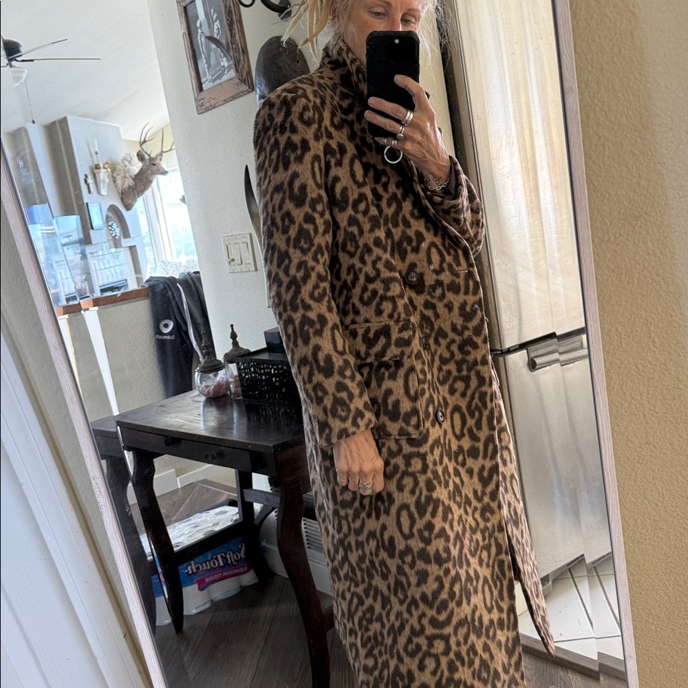 Leopard Print Long Coat structured shoulders Vtg - image 16